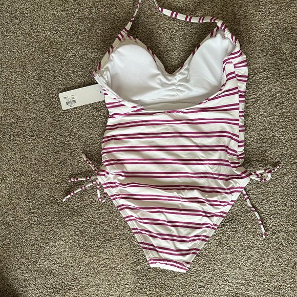 FRESHWATER RUCHED SIDE STRIPED HALTER ONE PIECE SWIMSUIT SIZE S #573 - Picture 3 of 4